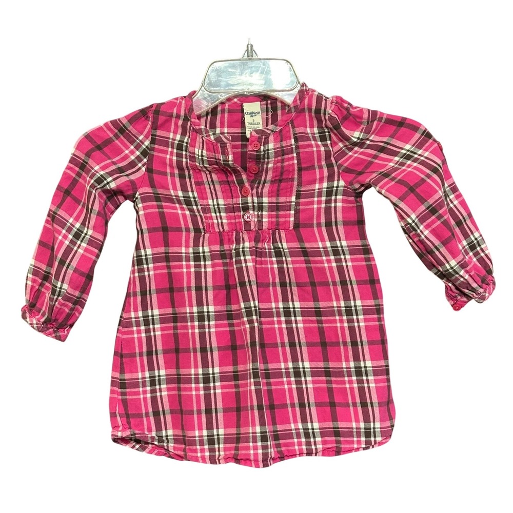 OshKosh B'gosh Toddler Girls Pink Plaid Button Front Long Sleeve Dress Sz 3T